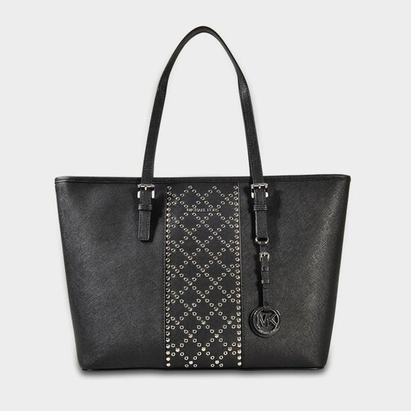 Michael Kors Jet Set Saffiano Leather Large Shoulder Tote Bag Black Silver - Picture 1 of 12